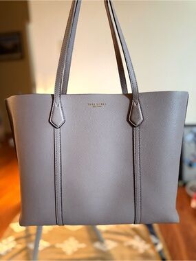 Tory Burch “Perry” Pebbled Leather Taupe Tote